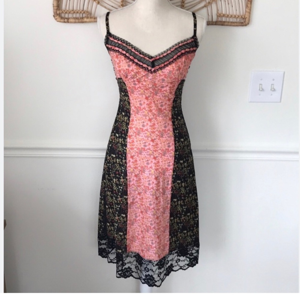 Betsey Johnson Vintage 90s  Lace Trim Floral Cotton Slip Dress